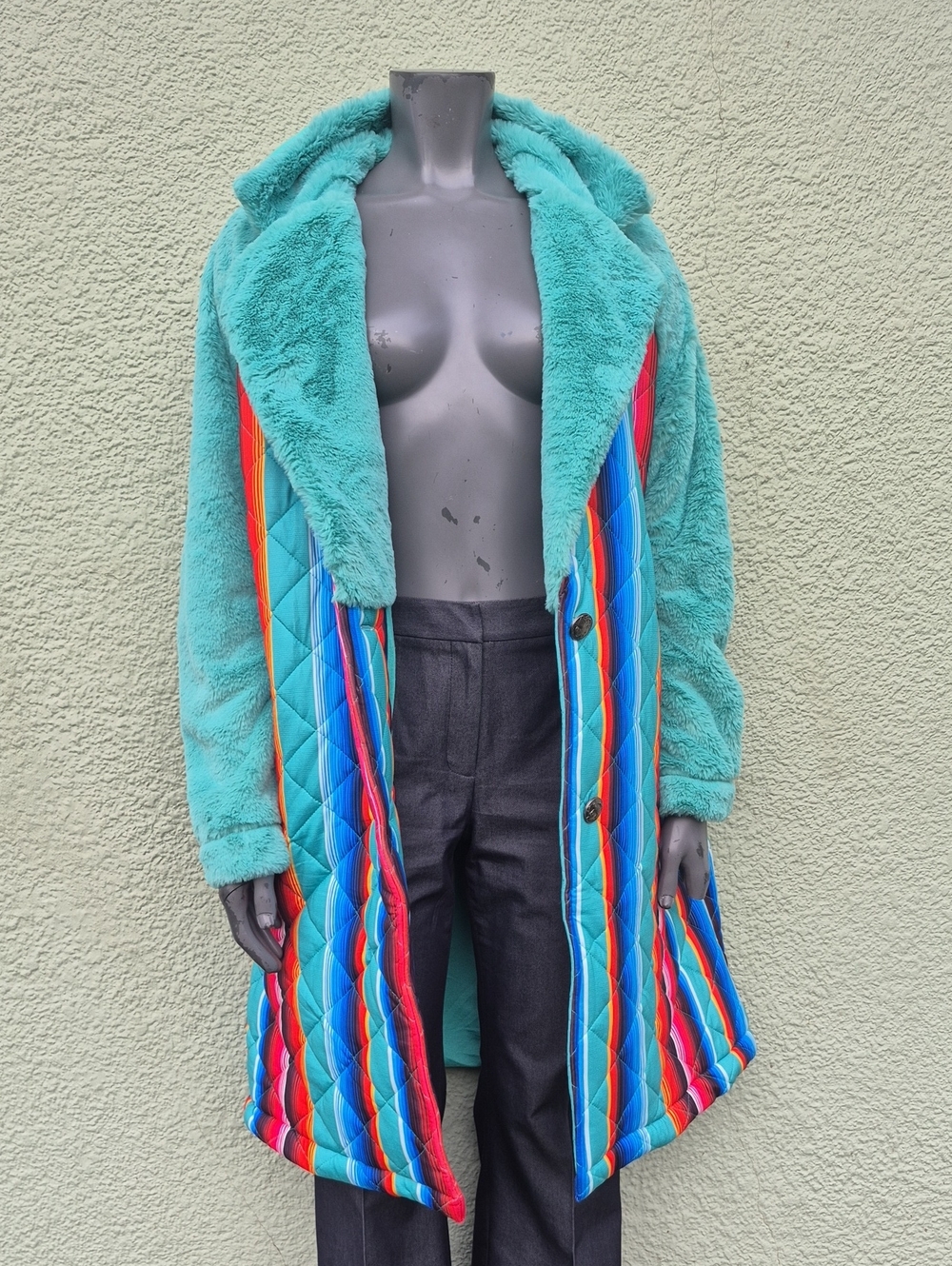 Merigold Kiss Ladies Turquoise Faux Fur & Multicolor Striped Teddy Coat